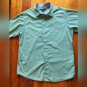 Cremieux Short Sleeve Buttom Up Shirt Green White Striped Blue Swirls Size L
